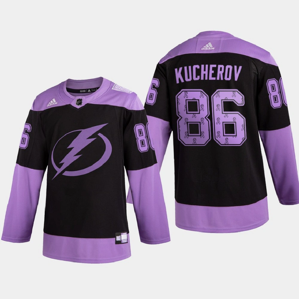 Women's Tampa Bay Lightning Nikita Kucherov #86 2020 Hockey Fights Cancer Ribbons Black Purple Jersey