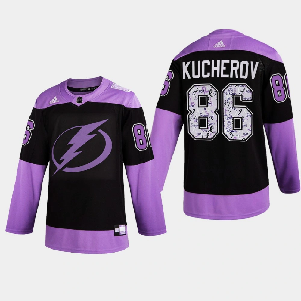 Women's Tampa Bay Lightning Nikita Kucherov 2021 Hockey Fights Cancer Night Purple Jersey Women's Tampa Bay Lightning Nikita Kucherov 2021 Hockey Fights Cancer Night Purple Jersey