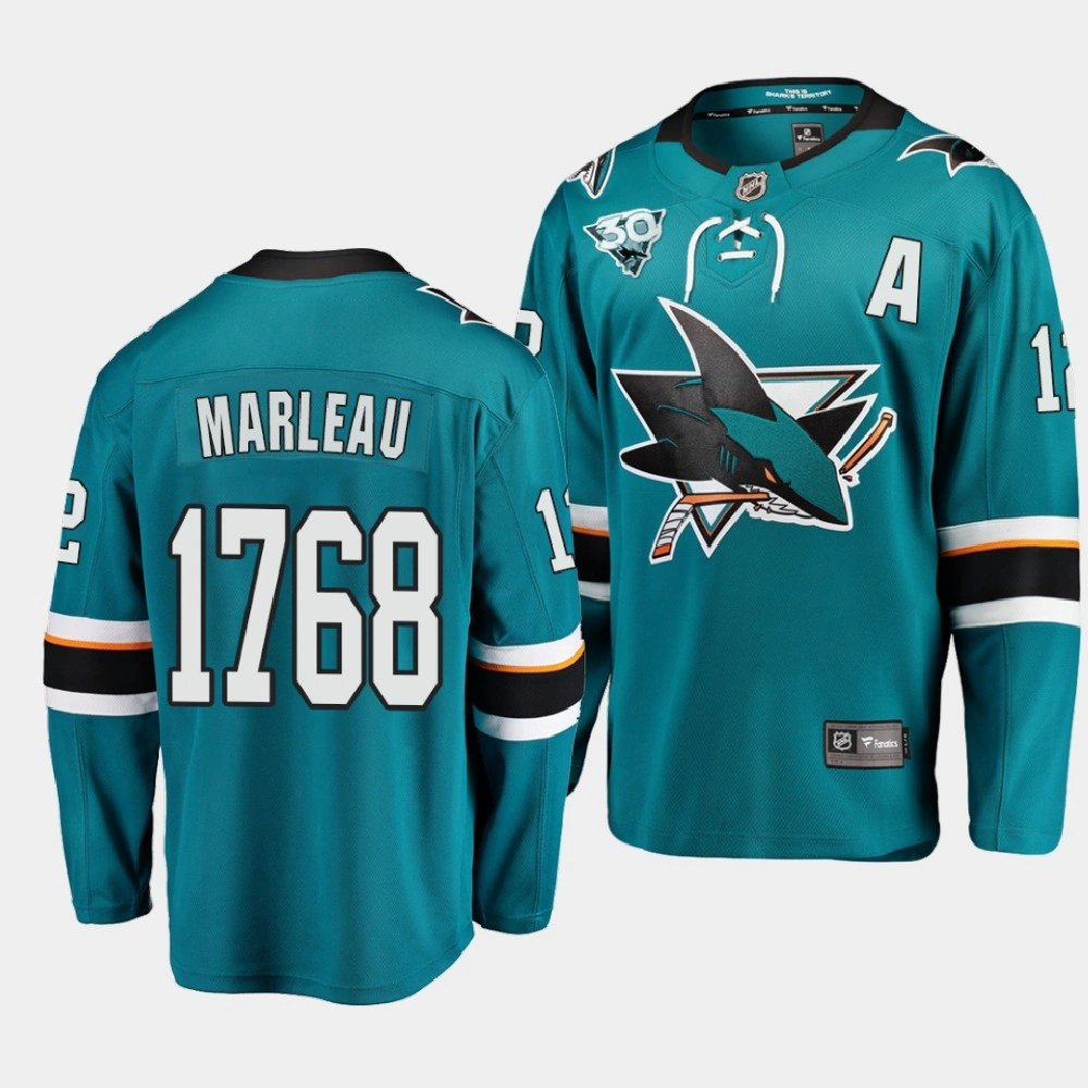 Youth San Jose Sharks Patrick Marleau #12 1768 Games NHL History Record Honor Teal Jersey