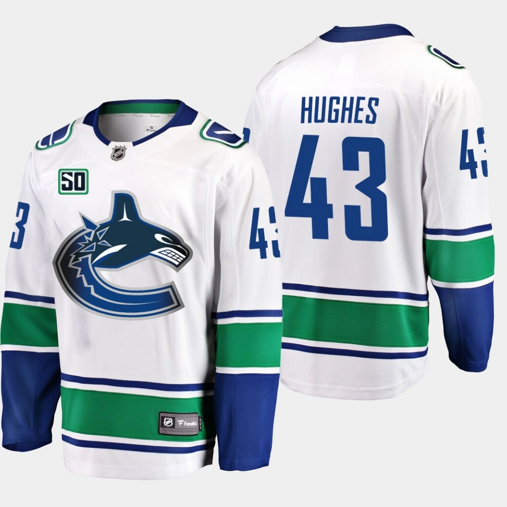 Men's Vancouver Canucks Quinn Hughes #43 50th Anniversary White Away Jersey Men's Vancouver Canucks Quinn Hughes #43 50th Anniversary White Away Jersey