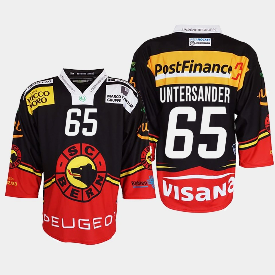 Youth Ramon Untersander #65 SC Bern 2022 Ice Hockey Shirt Black Jersey Youth Ramon Untersander #65 SC Bern 2022 Ice Hockey Shirt Black Jersey