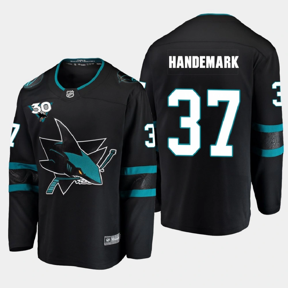 Men's San Jose Sharks Frederik Handemark #37 Alternate 2020-21 30th Anniversary Black Jersey