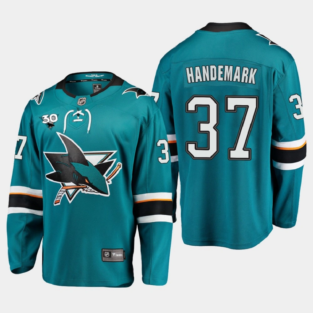 Men's San Jose Sharks Frederik Handemark #37 Home 2020-21 30th Anniversary Teal Jersey