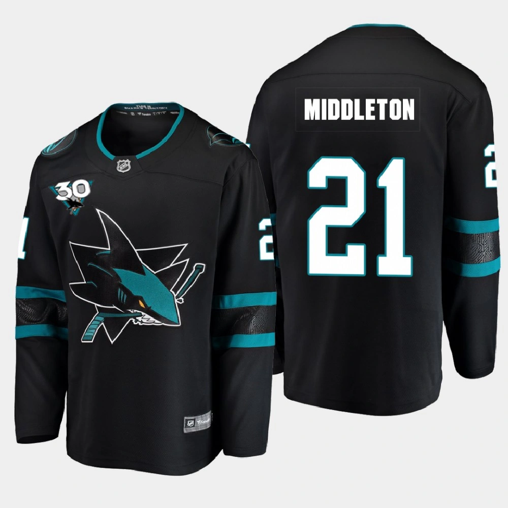 Women's San Jose Sharks Jacob Middleton #21 Alternate 2020-21 30th Anniversary Black Jersey Women's San Jose Sharks Jacob Middleton #21 Alternate 2020-21 30th Anniversary Black Jersey