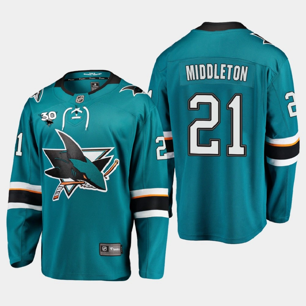 Women's San Jose Sharks Jacob Middleton #21 Home 2020-21 30th Anniversary Teal Jersey Women's San Jose Sharks Jacob Middleton #21 Home 2020-21 30th Anniversary Teal Jersey