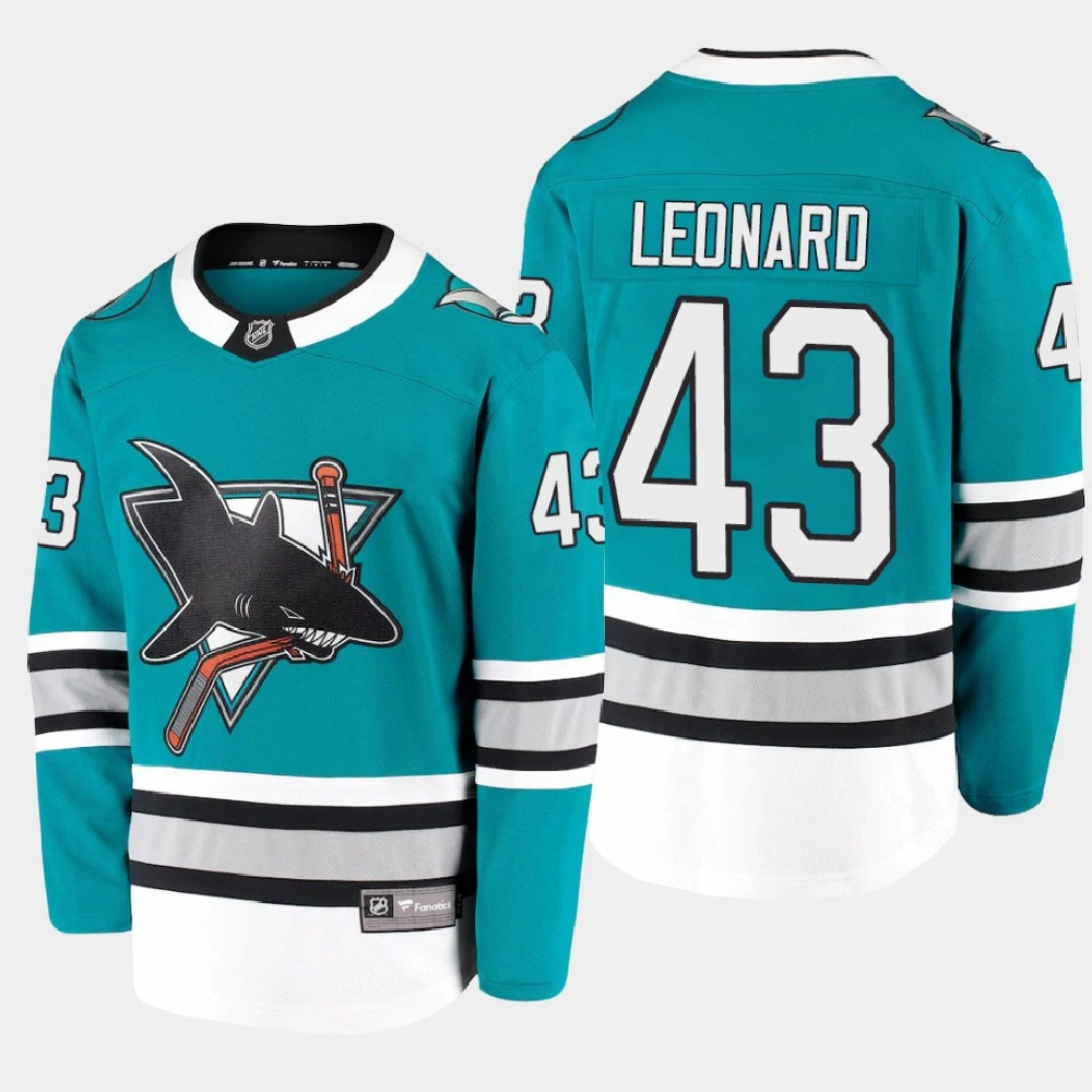 Men's San Jose Sharks John Leonard #43 30th Anniversary Heritage 2020-21 Breakaway Player Teal Jersey