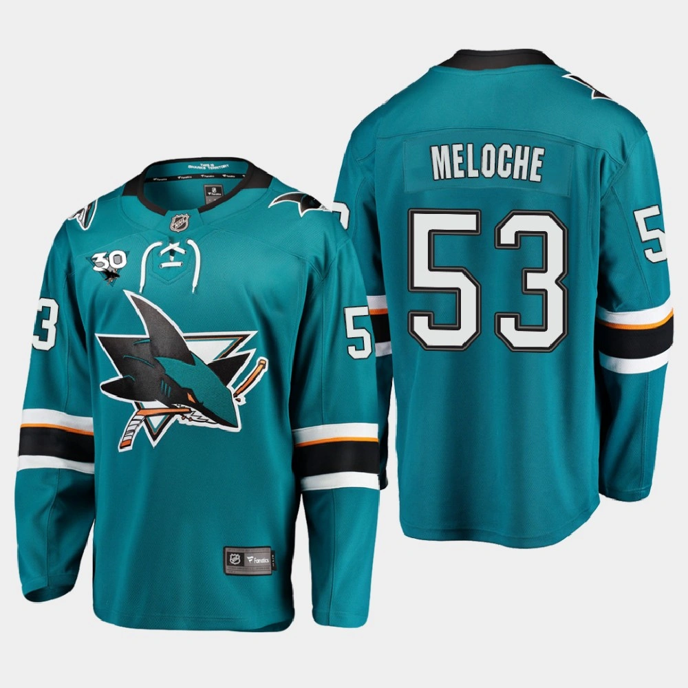 Men's San Jose Sharks Nicolas Meloche #53 Home 2020-21 30th Anniversary Teal Jersey Men's San Jose Sharks Nicolas Meloche #53 Home 2020-21 30th Anniversary Teal Jersey