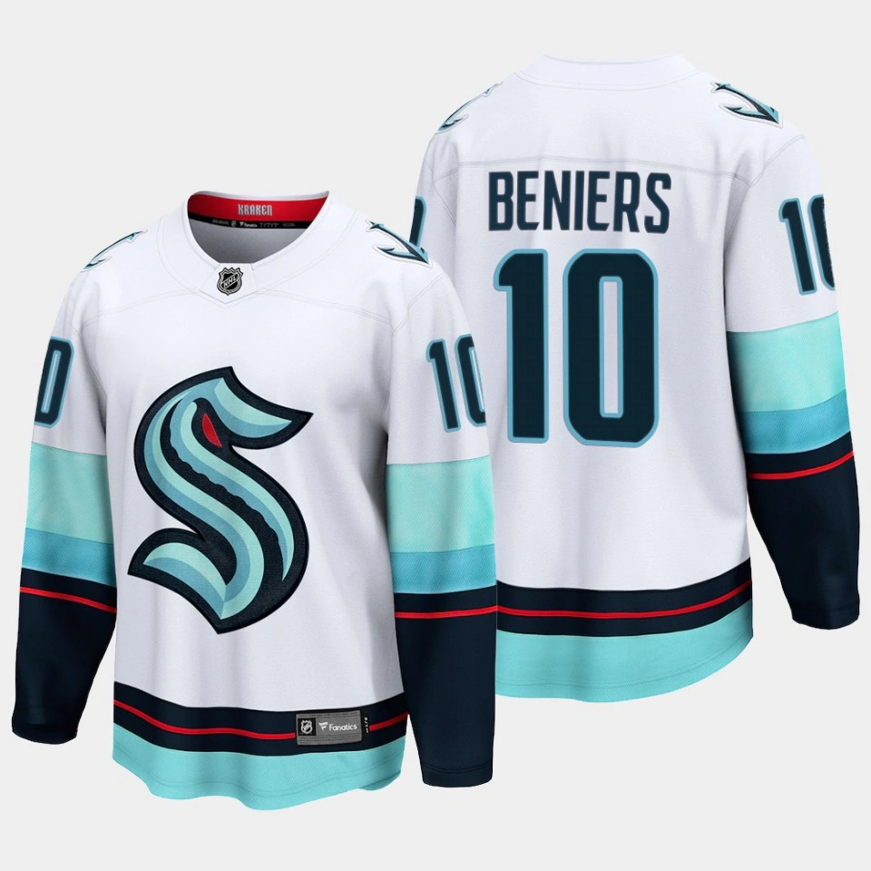 Seattle Kraken Matthew Beniers Away White #10 Jersey Breakaway Player Seattle Kraken Matthew Beniers Away White #10 Jersey Breakaway Player