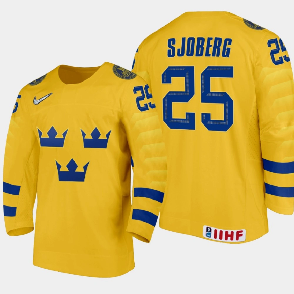 Men's Sweden Albert Sjoberg #25 2021 IIHF U18 World Championship Home Gold Jersey Men's Sweden Albert Sjoberg #25 2021 IIHF U18 World Championship Home Gold Jersey