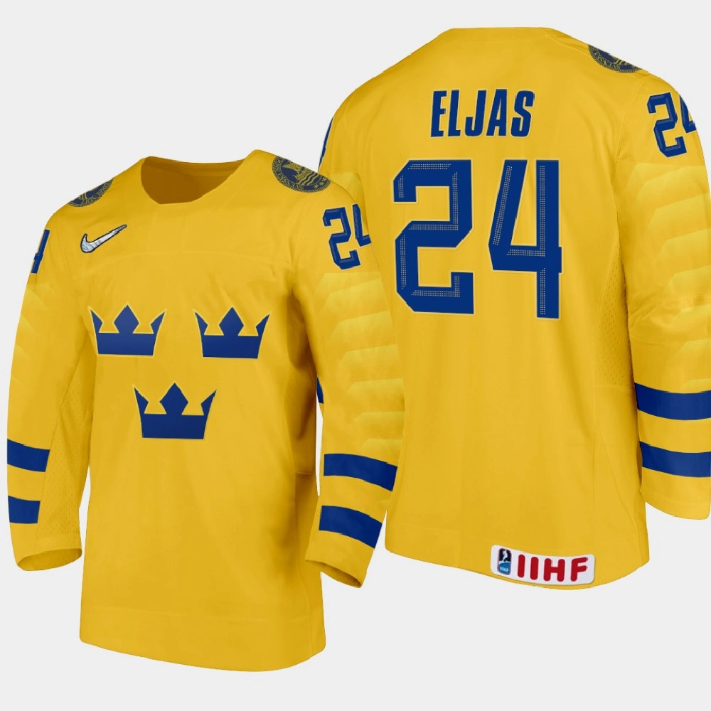 Youth Sweden Arvid Eljas #24 2021 IIHF U18 World Championship Home Gold Jersey Youth Sweden Arvid Eljas #24 2021 IIHF U18 World Championship Home Gold Jersey