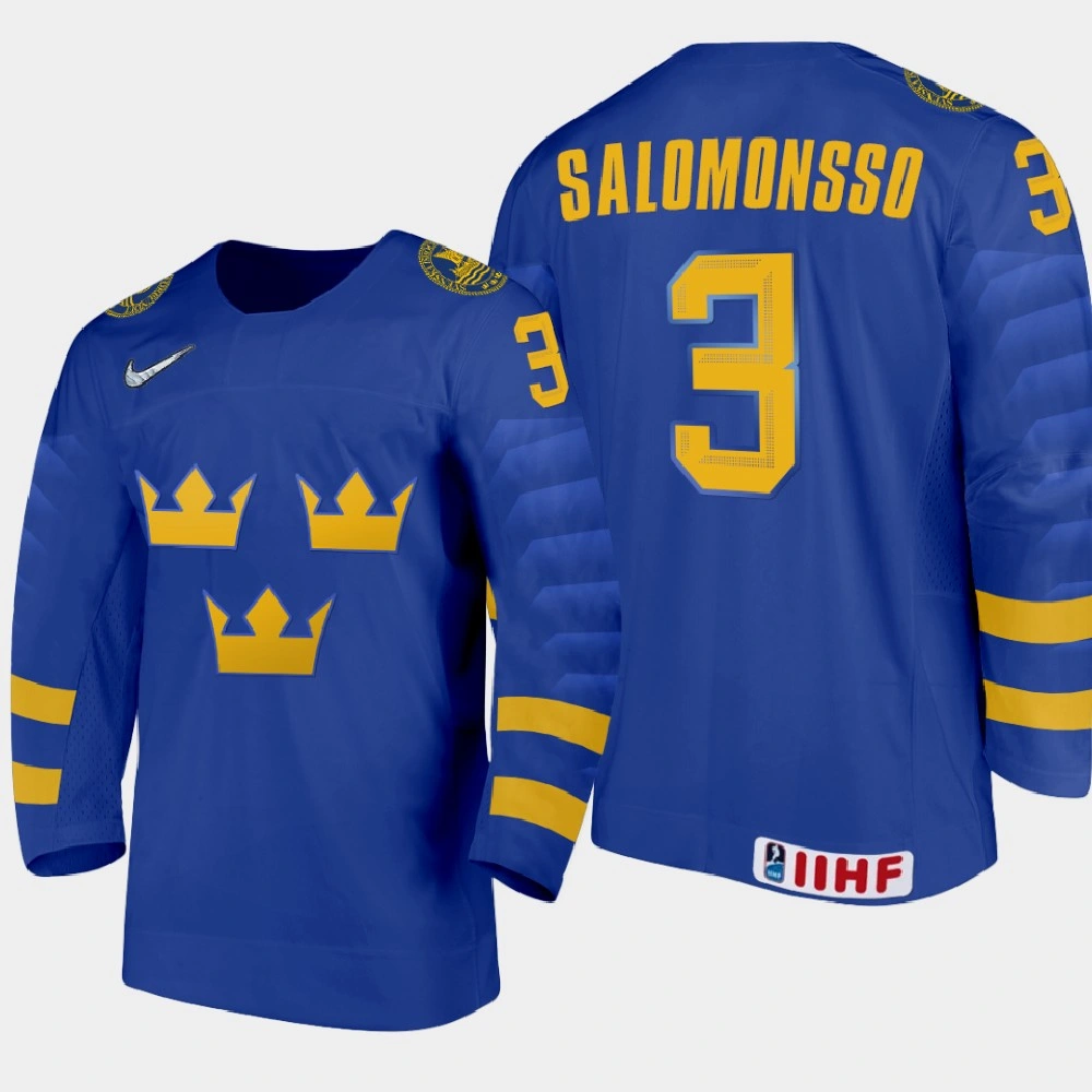 Youth Sweden Elias Salomonsson #3 2021 IIHF U18 World Championship Away Blue Jersey Youth Sweden Elias Salomonsson #3 2021 IIHF U18 World Championship Away Blue Jersey