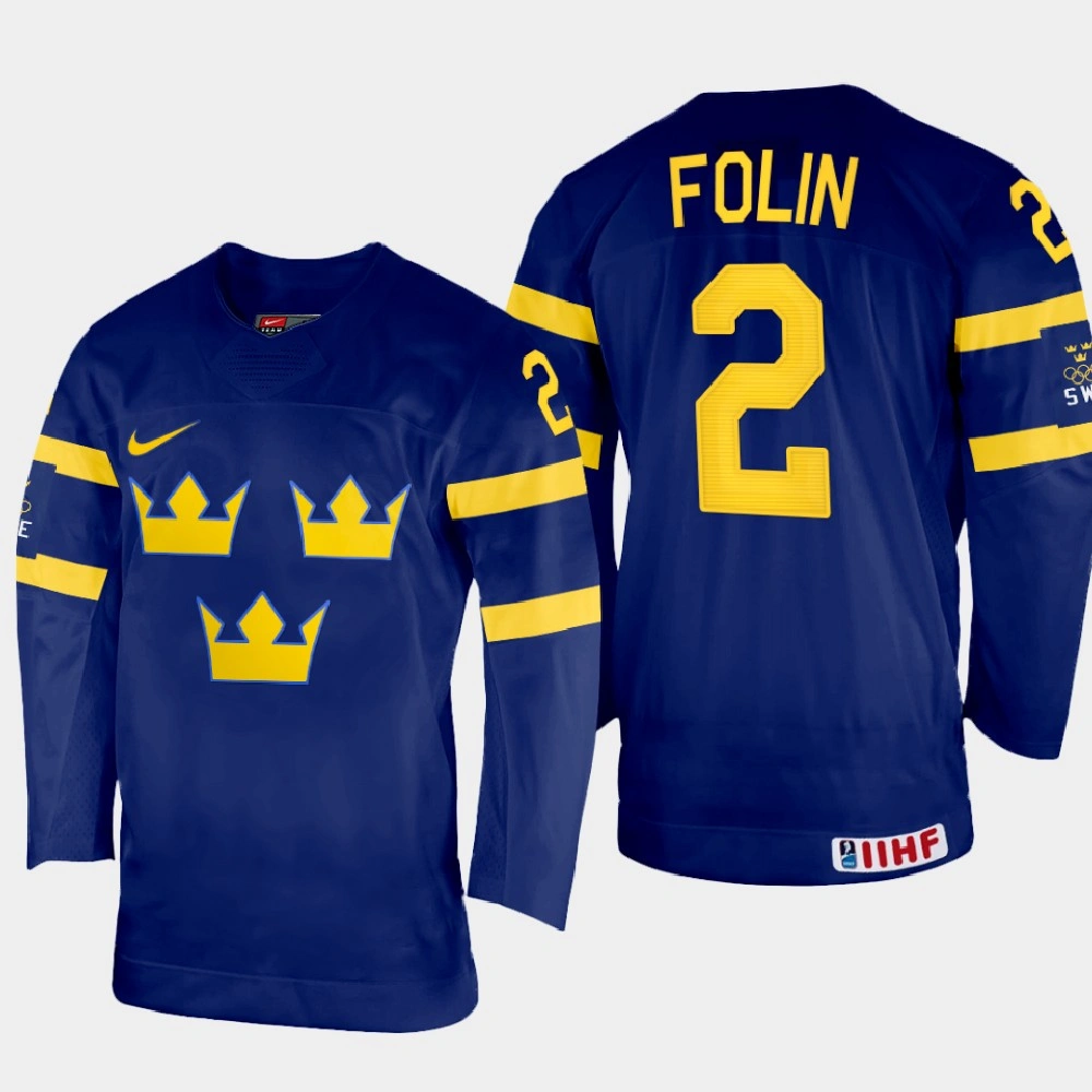Christian Folin 2022 IIHF World Championship Sweden Hockey Jersey Navy #2 Uniform Christian Folin 2022 IIHF World Championship Sweden Hockey Jersey Navy #2 Uniform