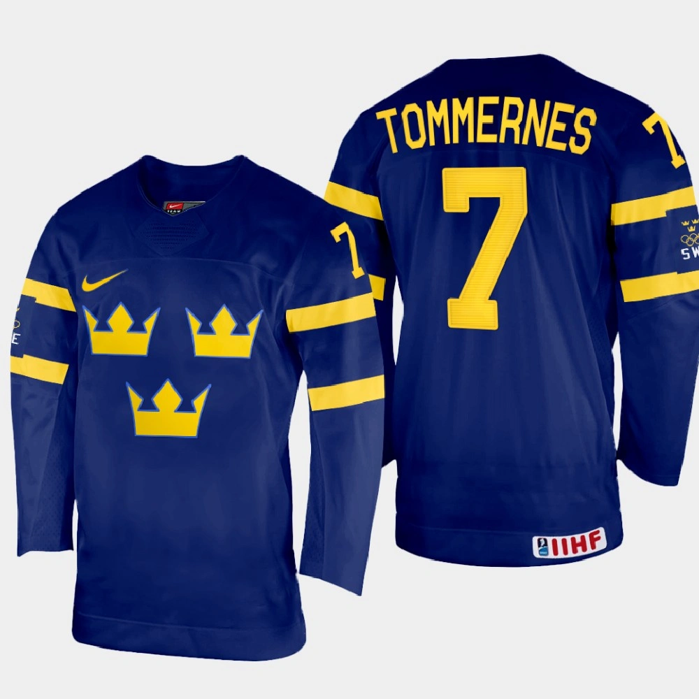 Henrik Tommernes 2022 IIHF World Championship Sweden Hockey Jersey Navy #7 Uniform Henrik Tommernes 2022 IIHF World Championship Sweden Hockey Jersey Navy #7 Uniform