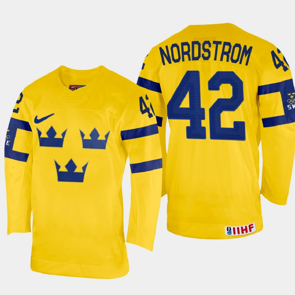 Youth Joakim Nordstrom 2022 IIHF World Championship Sweden Hockey Jersey Yellow #42 Uniform Youth Joakim Nordstrom 2022 IIHF World Championship Sweden Hockey Jersey Yellow #42 Uniform