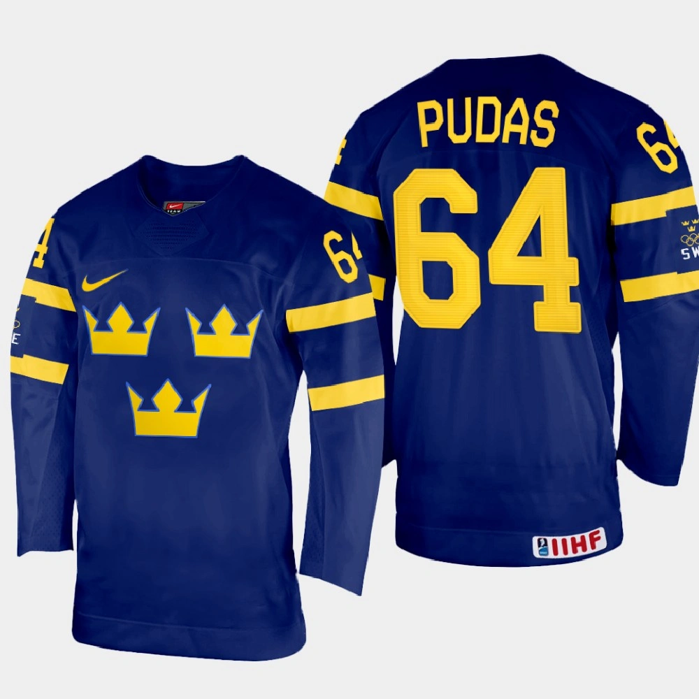 Women's Sweden #64 Jonathan Pudas 2022 IIHF World Championship Navy Away Jersey Women's Sweden #64 Jonathan Pudas 2022 IIHF World Championship Navy Away Jersey