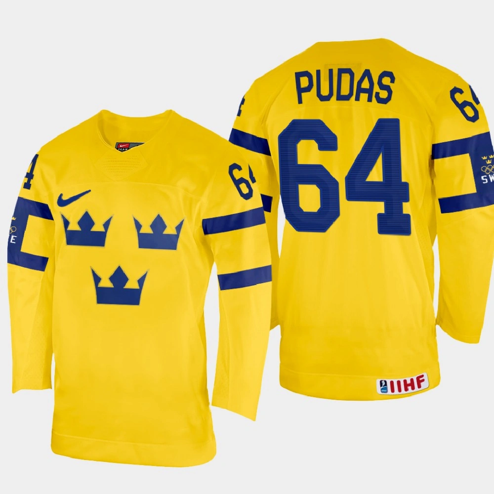 Women's Jonathan Pudas 2022 IIHF World Championship Sweden Hockey Jersey Yellow #64 Uniform