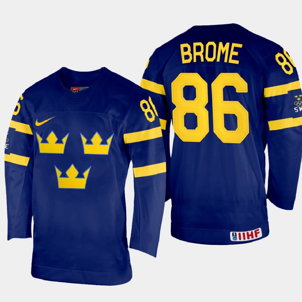 Sweden #86 Mathias Brome 2022 IIHF World Championship Navy Away Jersey