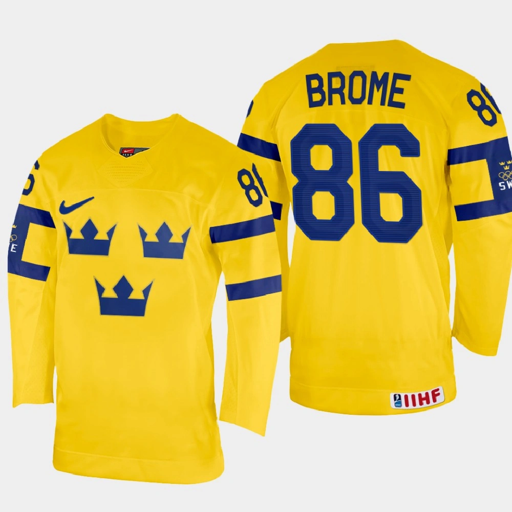 Women's Mathias Brome 2022 IIHF World Championship Sweden Hockey Jersey Yellow #86 Uniform
