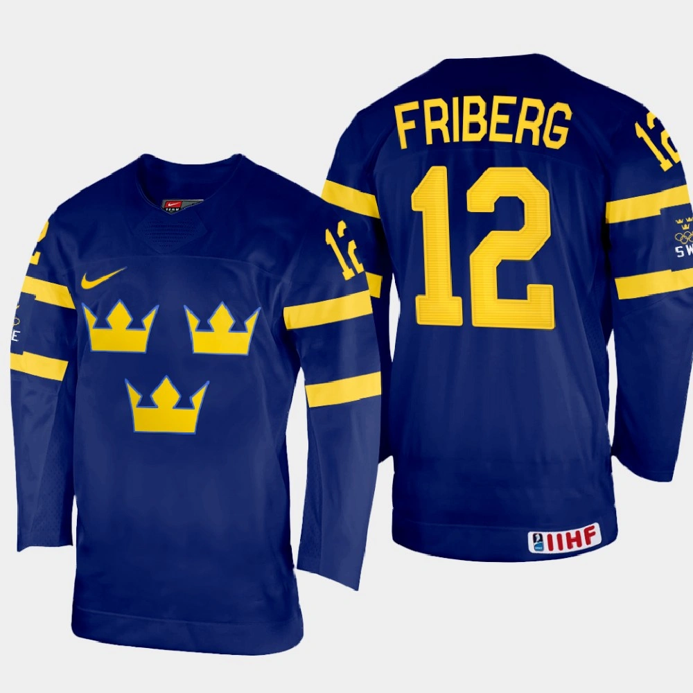 Women's Max Friberg 2022 IIHF World Championship Sweden Hockey Jersey Navy #12 Uniform Women's Max Friberg 2022 IIHF World Championship Sweden Hockey Jersey Navy #12 Uniform