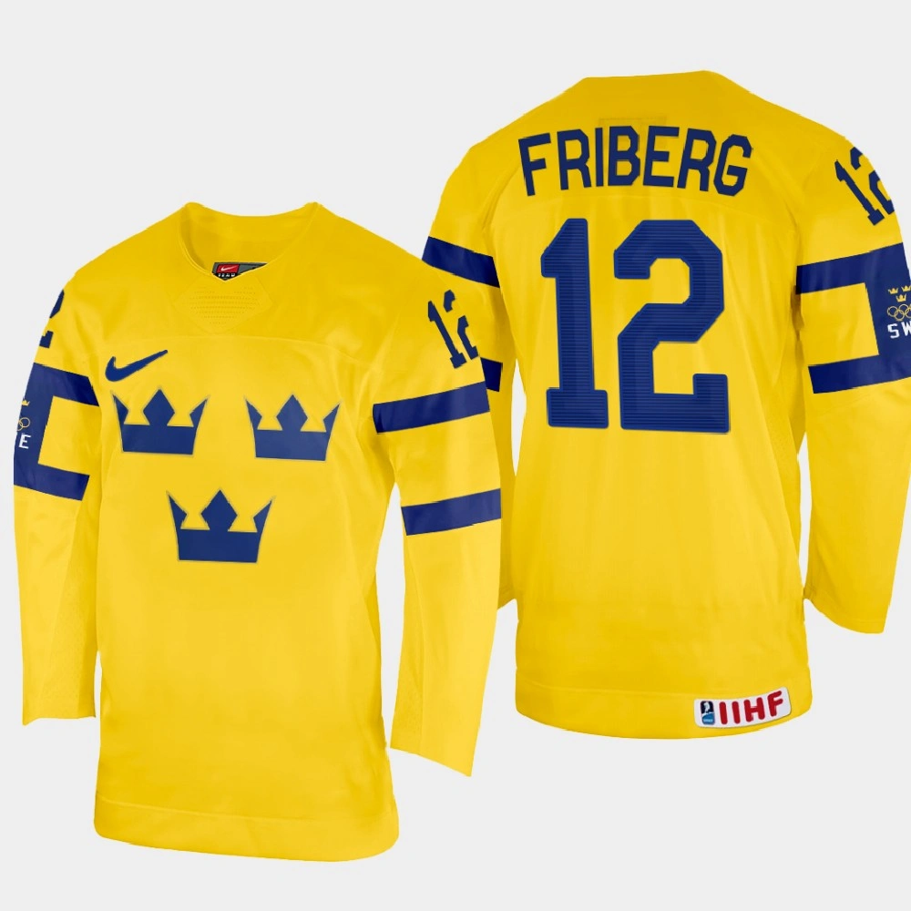Youth Max Friberg 2022 IIHF World Championship Sweden Hockey Jersey Yellow #12 Uniform Youth Max Friberg 2022 IIHF World Championship Sweden Hockey Jersey Yellow #12 Uniform