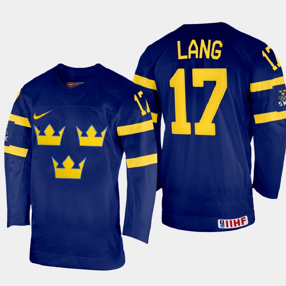 Oskar Lang 2022 IIHF World Championship Sweden Hockey Jersey Navy #17 Uniform Oskar Lang 2022 IIHF World Championship Sweden Hockey Jersey Navy #17 Uniform