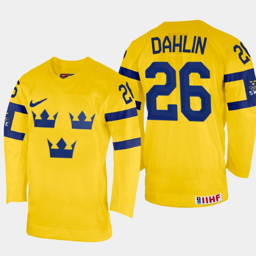 Rasmus Dahlin 2022 IIHF World Championship Sweden Hockey Jersey Yellow #26 Uniform Rasmus Dahlin 2022 IIHF World Championship Sweden Hockey Jersey Yellow #26 Uniform