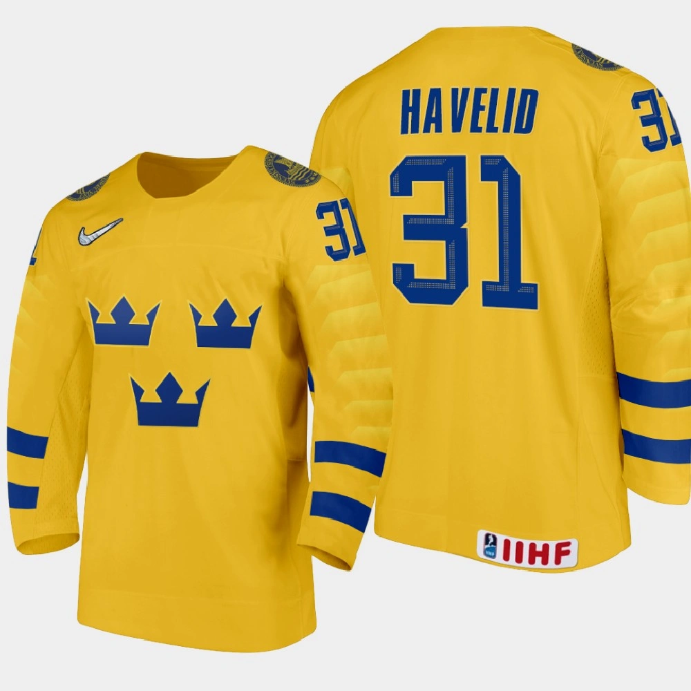 Youth Sweden Hugo Havelid #31 2021 IIHF U18 World Championship Home Gold Jersey Youth Sweden Hugo Havelid #31 2021 IIHF U18 World Championship Home Gold Jersey