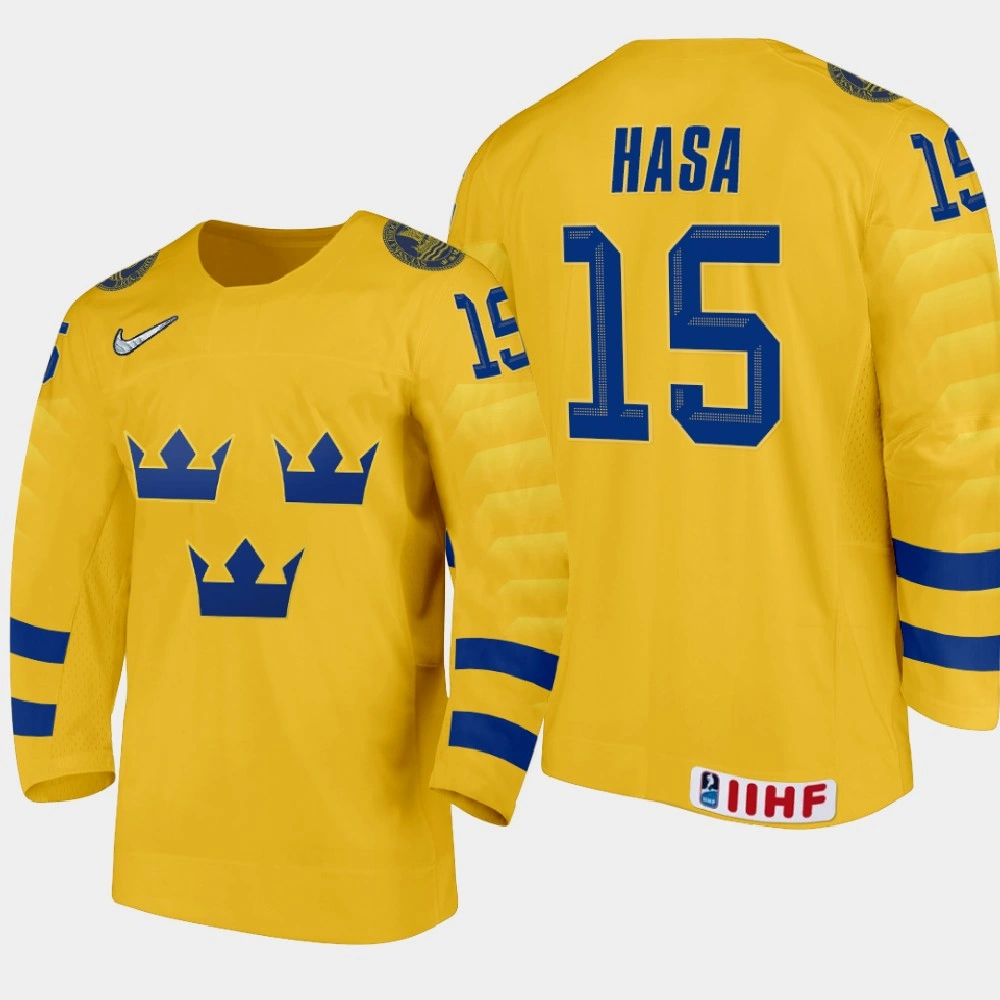 Youth Sweden Noah Hasa #15 2021 IIHF U18 World Championship Home Gold Jersey Youth Sweden Noah Hasa #15 2021 IIHF U18 World Championship Home Gold Jersey