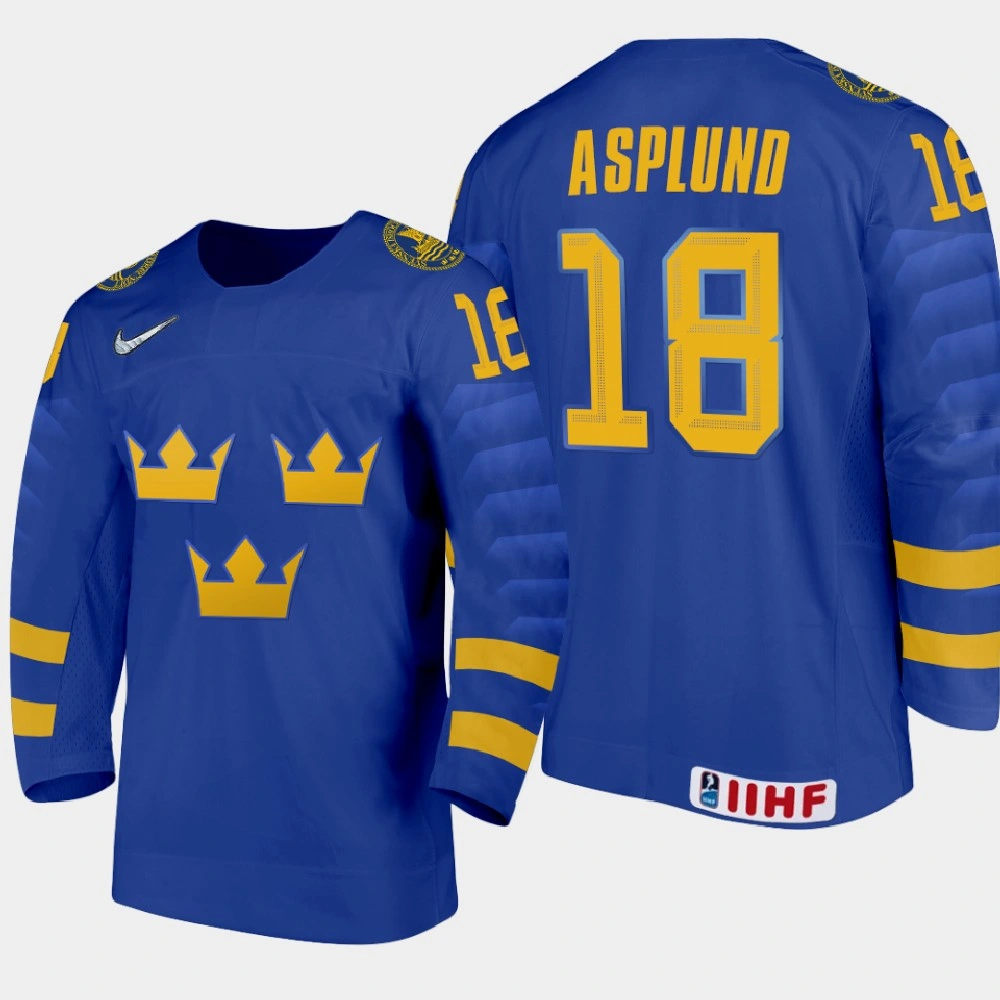 Youth Sweden Oskar Asplund #18 2021 IIHF U18 World Championship Away Blue Jersey Youth Sweden Oskar Asplund #18 2021 IIHF U18 World Championship Away Blue Jersey