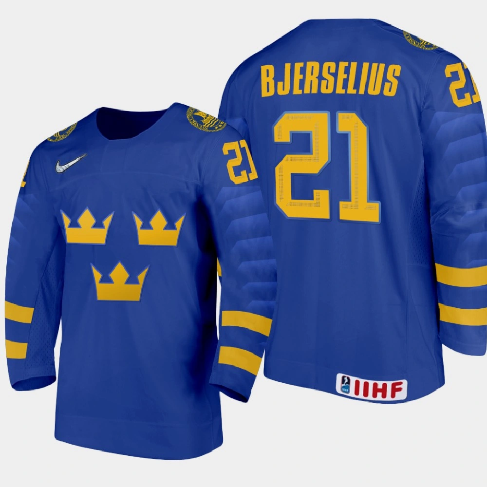 Youth Sweden Team Oscar Bjerselius #21 2021 IIHF World Junior Championship Away Blue Jersey Youth Sweden Team Oscar Bjerselius #21 2021 IIHF World Junior Championship Away Blue Jersey