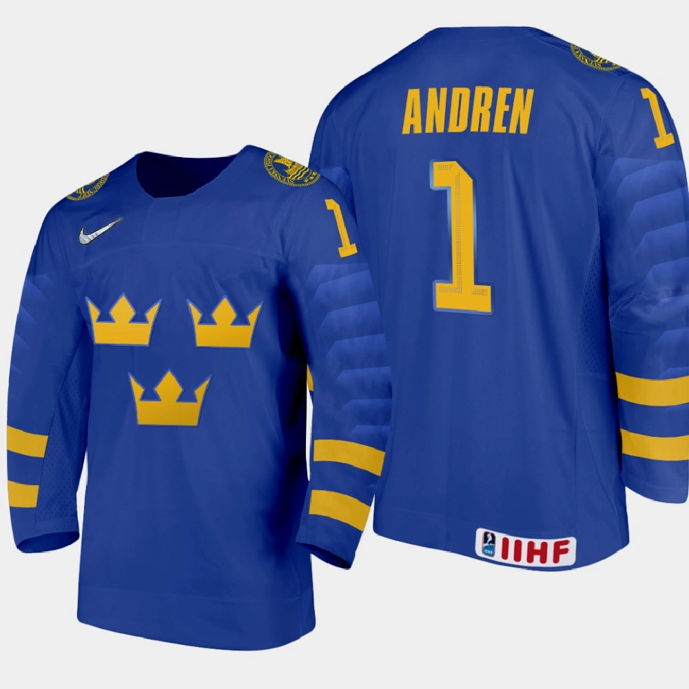 Youth Sweden Viggo Andren #1 2021 IIHF U18 World Championship Away Blue Jersey Youth Sweden Viggo Andren #1 2021 IIHF U18 World Championship Away Blue Jersey