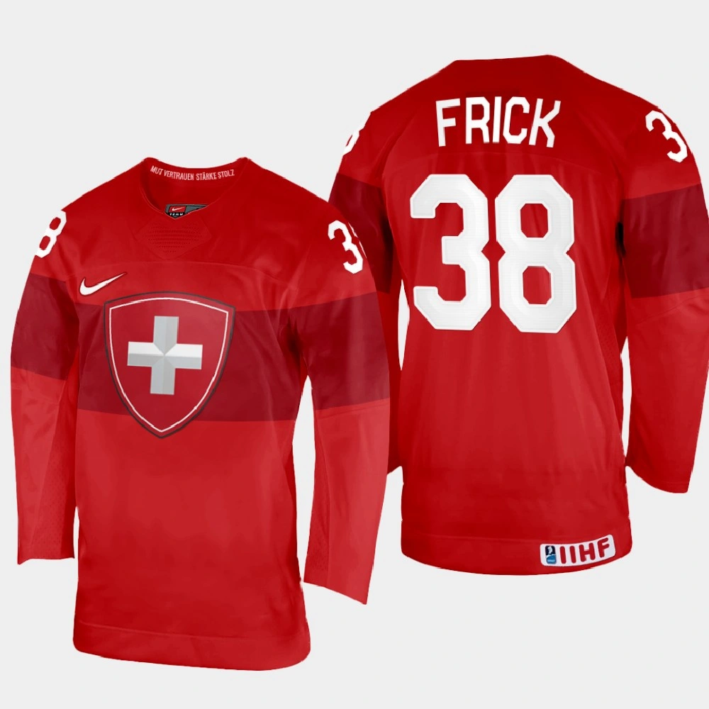 Women's Lukas Frick 2022 IIHF World Championship Switzerland Hockey Jersey Red #38 Uniform