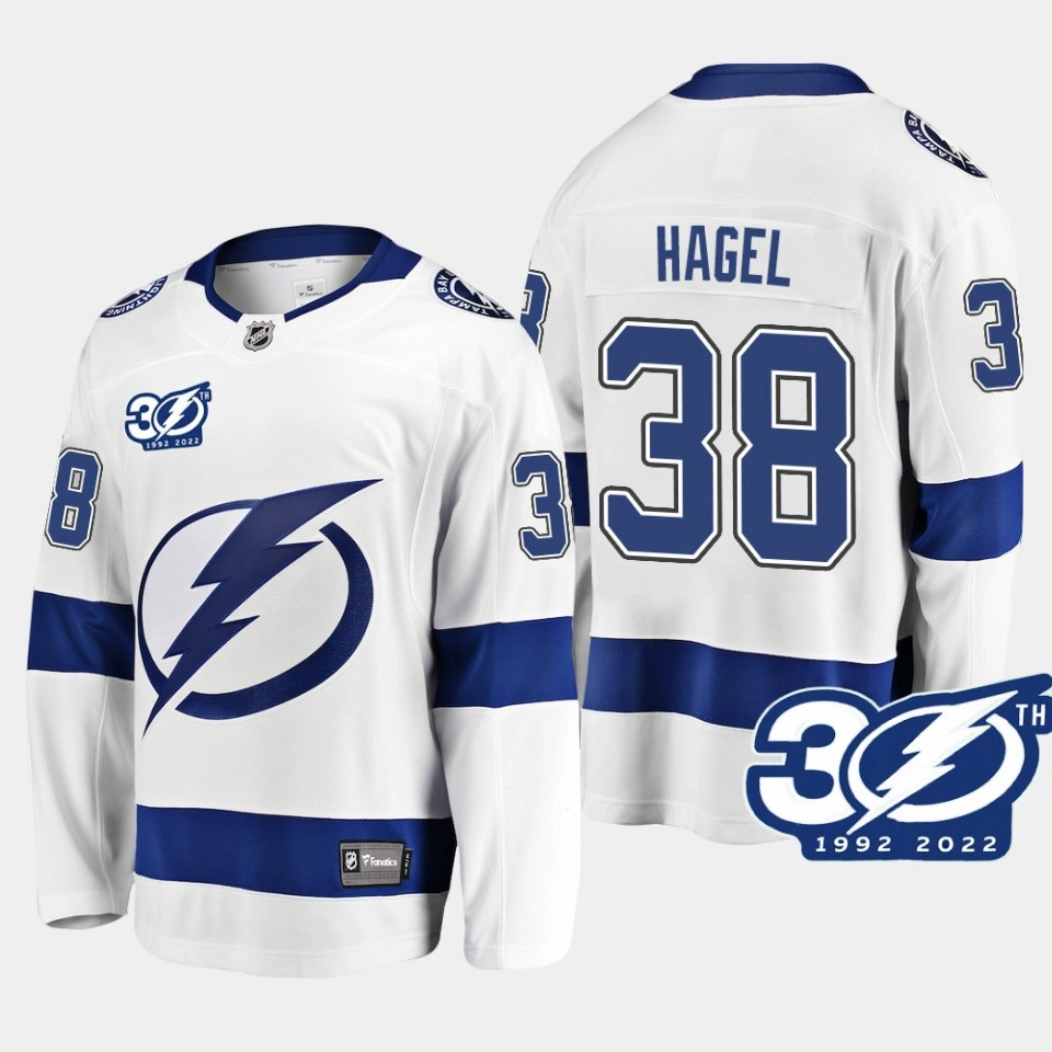 Youth Tampa Bay Lightning Brandon Hagel 1992-2022 30th Anniversary White #38 Jersey Away