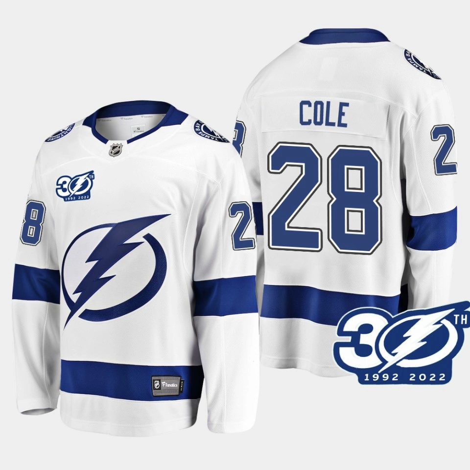 Youth Tampa Bay Lightning Ian Cole 1992-2022 30th Anniversary White #28 Jersey Away