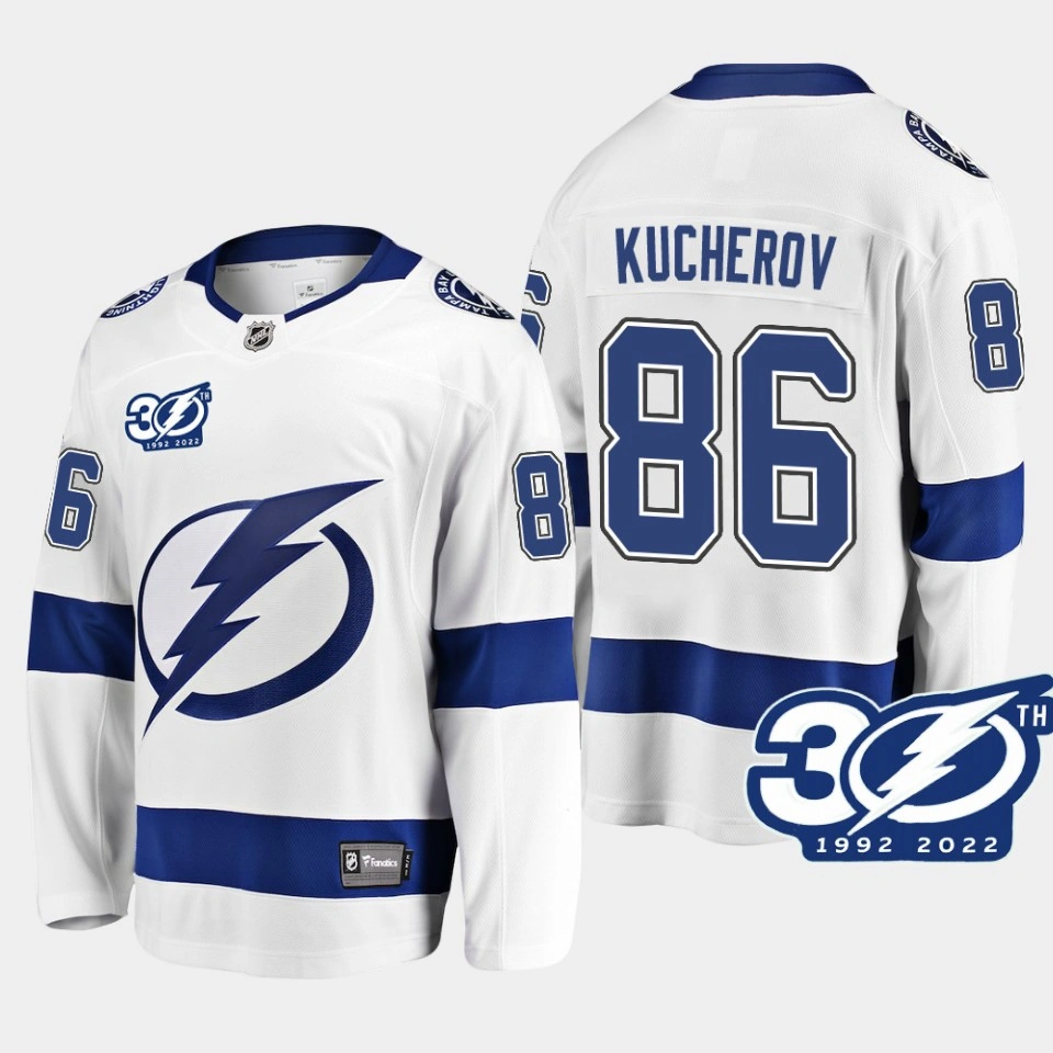 Youth Tampa Bay Lightning Nikita Kucherov 1992-2022 30th Anniversary White #86 Jersey Away Youth Tampa Bay Lightning Nikita Kucherov 1992-2022 30th Anniversary White #86 Jersey Away