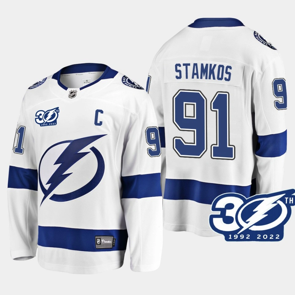 Youth Tampa Bay Lightning Steven Stamkos 1992-2022 30th Anniversary White #91 Jersey Away Youth Tampa Bay Lightning Steven Stamkos 1992-2022 30th Anniversary White #91 Jersey Away
