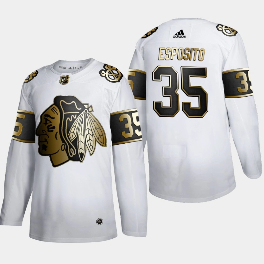 Men's Chicago Blackhawks Tony Esposito #35 NHL Golden Edition White Retired Authentic Jersey Men's Chicago Blackhawks Tony Esposito #35 NHL Golden Edition White Retired Authentic Jersey