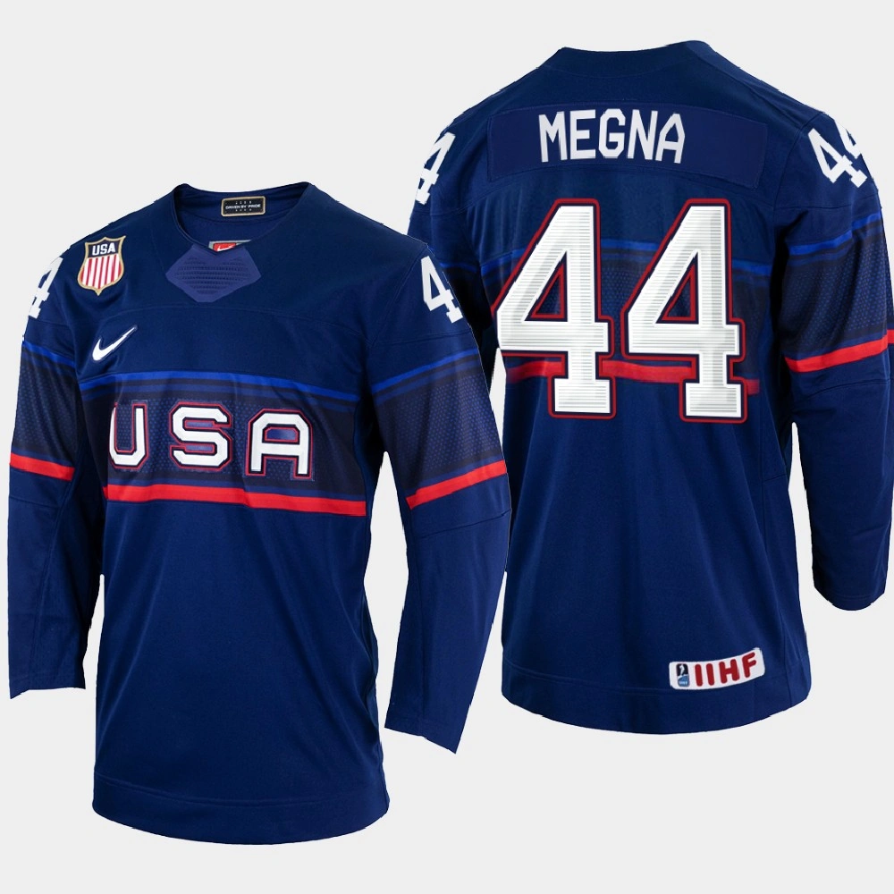 Youth Jaycob Megna 2022 IIHF World Championship USA Hockey Jersey Navy #44 Uniform Youth Jaycob Megna 2022 IIHF World Championship USA Hockey Jersey Navy #44 Uniform