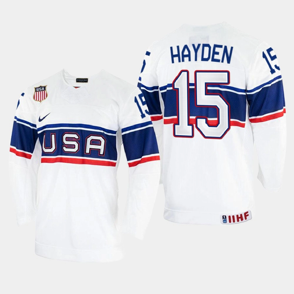 Women's USA #15 John Hayden 2022 IIHF World Championship White Home Jersey Women's USA #15 John Hayden 2022 IIHF World Championship White Home Jersey