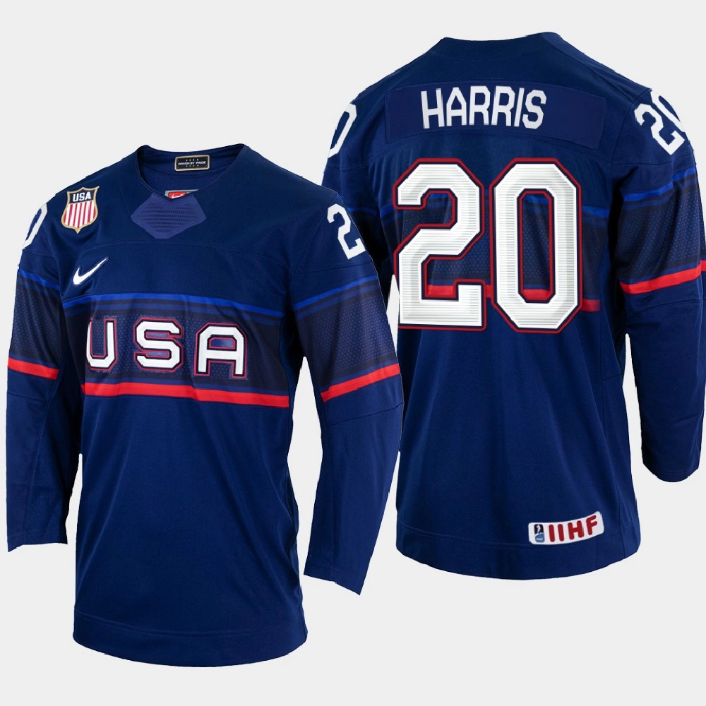 Youth Jordan Harris 2022 IIHF World Championship USA Hockey Jersey Navy #20 Uniform Youth Jordan Harris 2022 IIHF World Championship USA Hockey Jersey Navy #20 Uniform