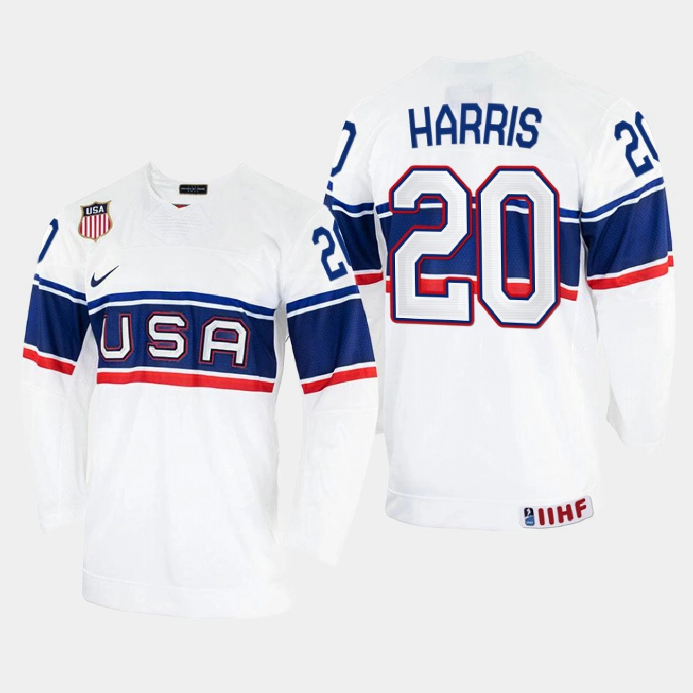 USA #20 Jordan Harris 2022 IIHF World Championship White Home Jersey USA #20 Jordan Harris 2022 IIHF World Championship White Home Jersey