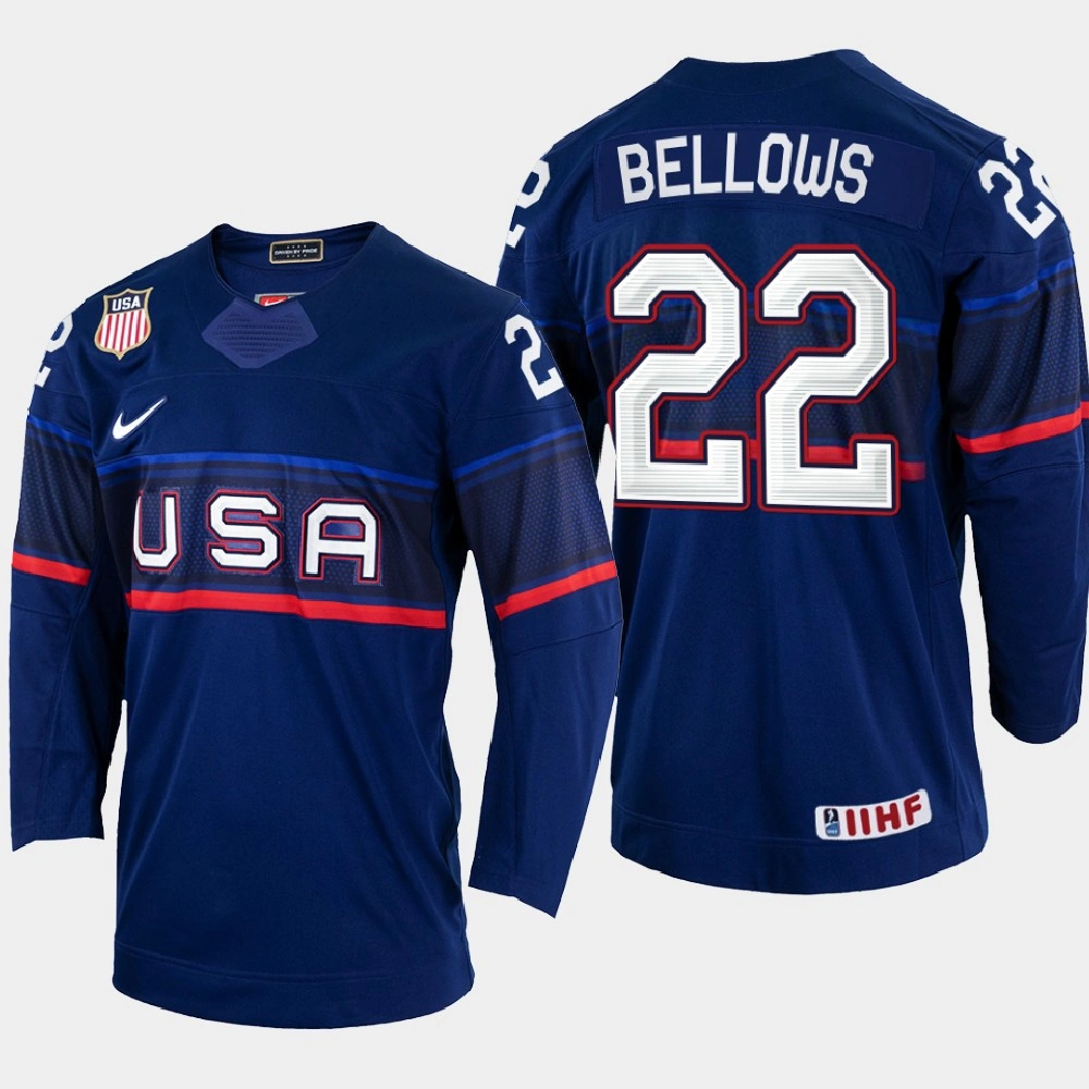 Youth Kieffer Bellows 2022 IIHF World Championship USA Hockey Jersey Navy #22 Uniform Youth Kieffer Bellows 2022 IIHF World Championship USA Hockey Jersey Navy #22 Uniform