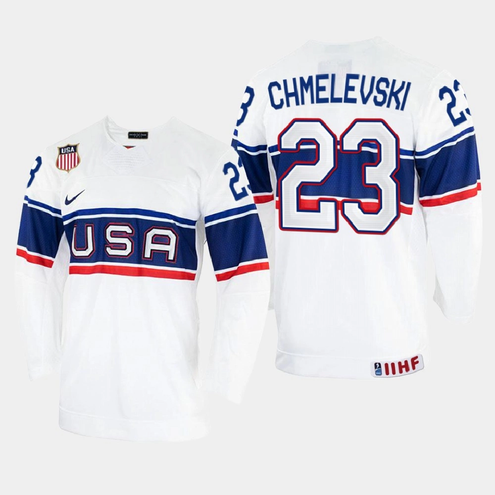USA #23 Sasha Chmelevski 2022 IIHF World Championship White Home Jersey USA #23 Sasha Chmelevski 2022 IIHF World Championship White Home Jersey