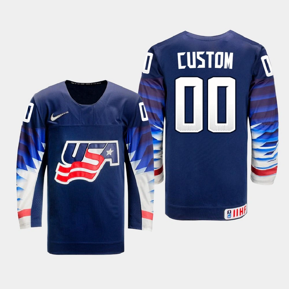 Men's USA Team Custom #00 2021 IIHF U18 World Championship Away Navy Jersey Men's USA Team Custom #00 2021 IIHF U18 World Championship Away Navy Jersey