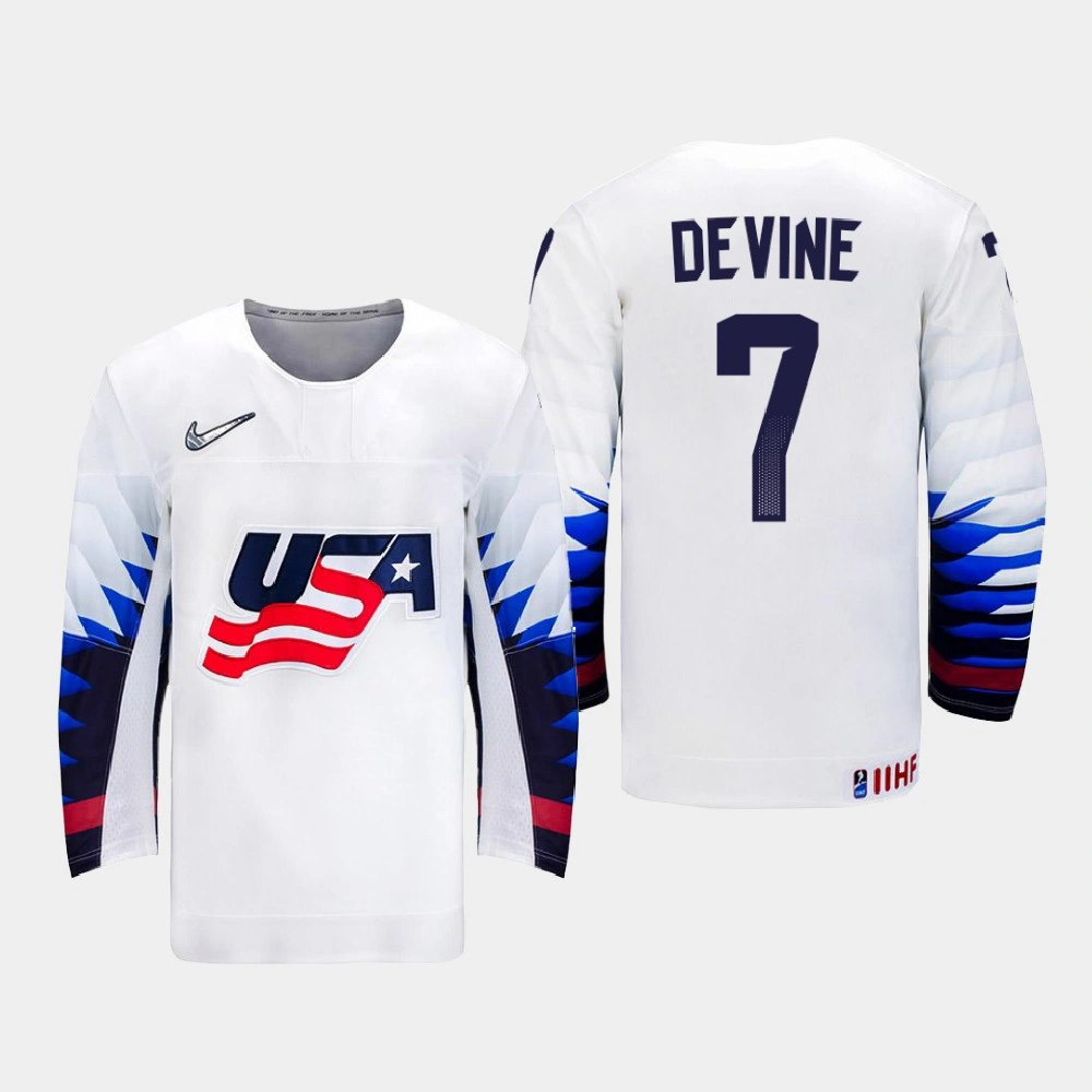 Men's USA Team Jack Devine #7 2021 IIHF U18 World Championship Home White Jersey Men's USA Team Jack Devine #7 2021 IIHF U18 World Championship Home White Jersey