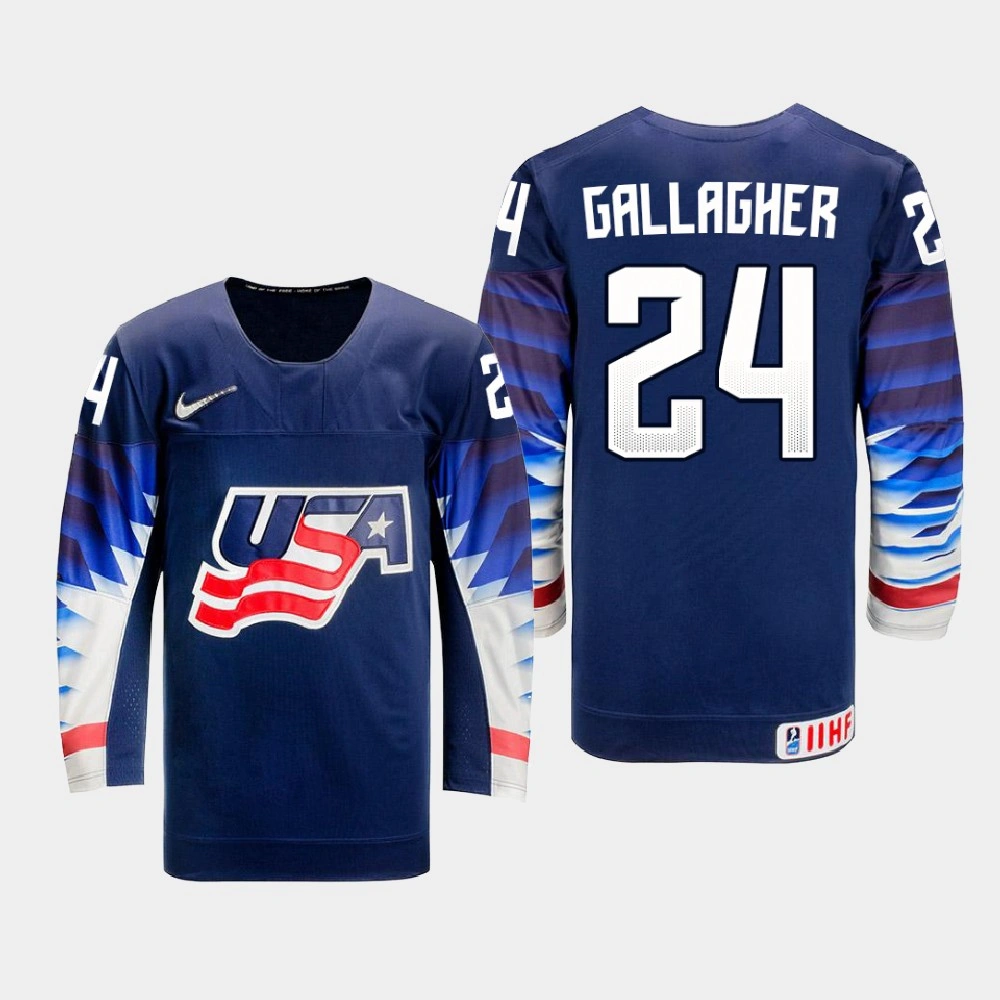 Youth USA Team Ty Gallagher #24 2021 IIHF U18 World Championship Away Navy Jersey Youth USA Team Ty Gallagher #24 2021 IIHF U18 World Championship Away Navy Jersey