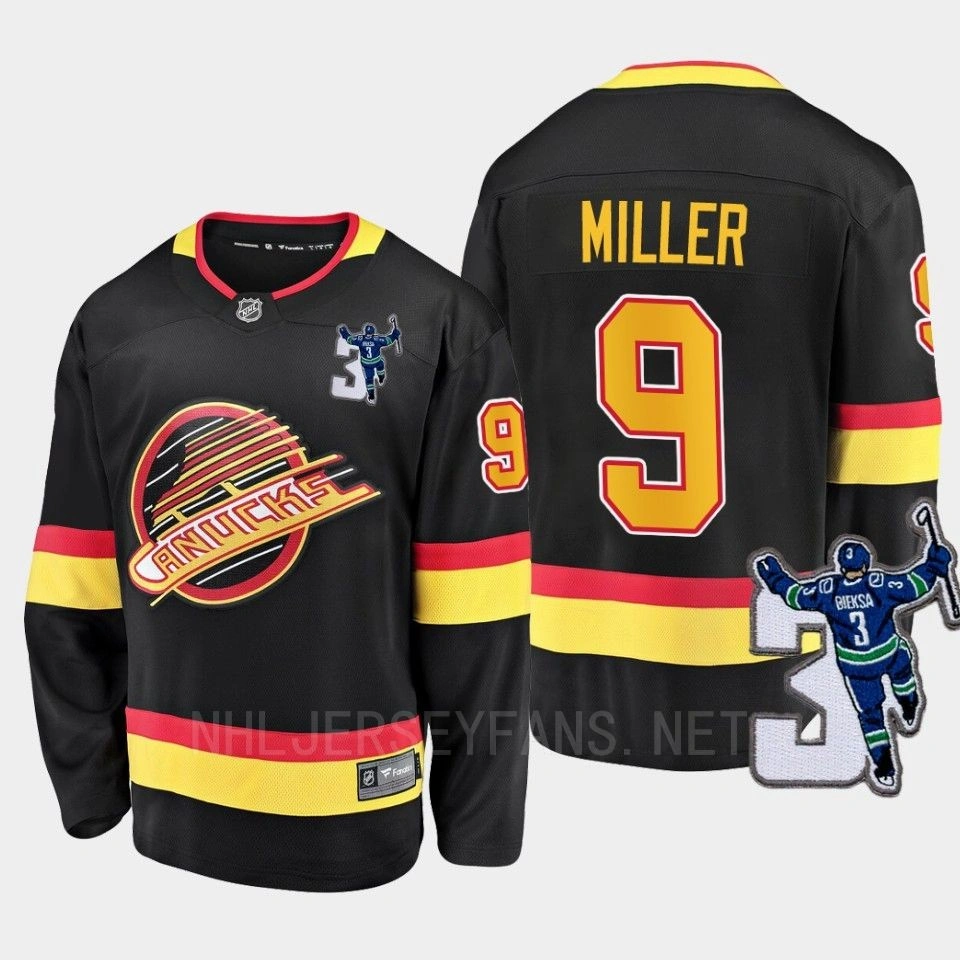 Men Vancouver Canucks J.T. Miller #9 Kevin Bieska patch Throwback Black Jersey