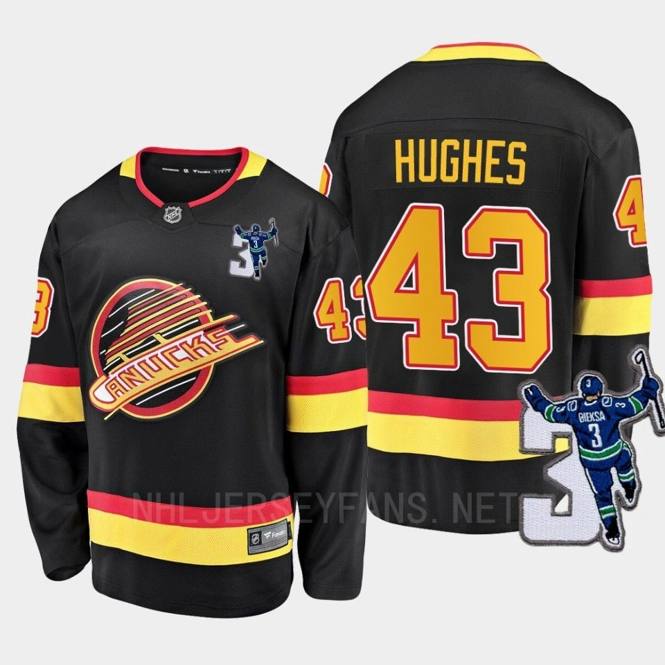 Men Vancouver Canucks Quinn Hughes #43 Kevin Bieska patch Throwback Black Jersey