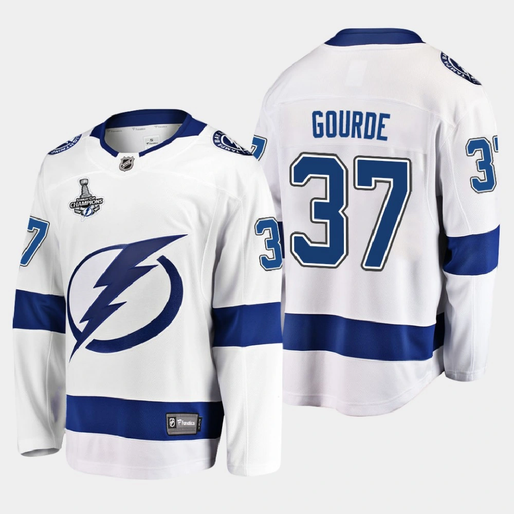 Youth Tampa Bay Lightning Yanni Gourde #37 2020 Stanley Cup Champions Away Breakaway Player White Jersey