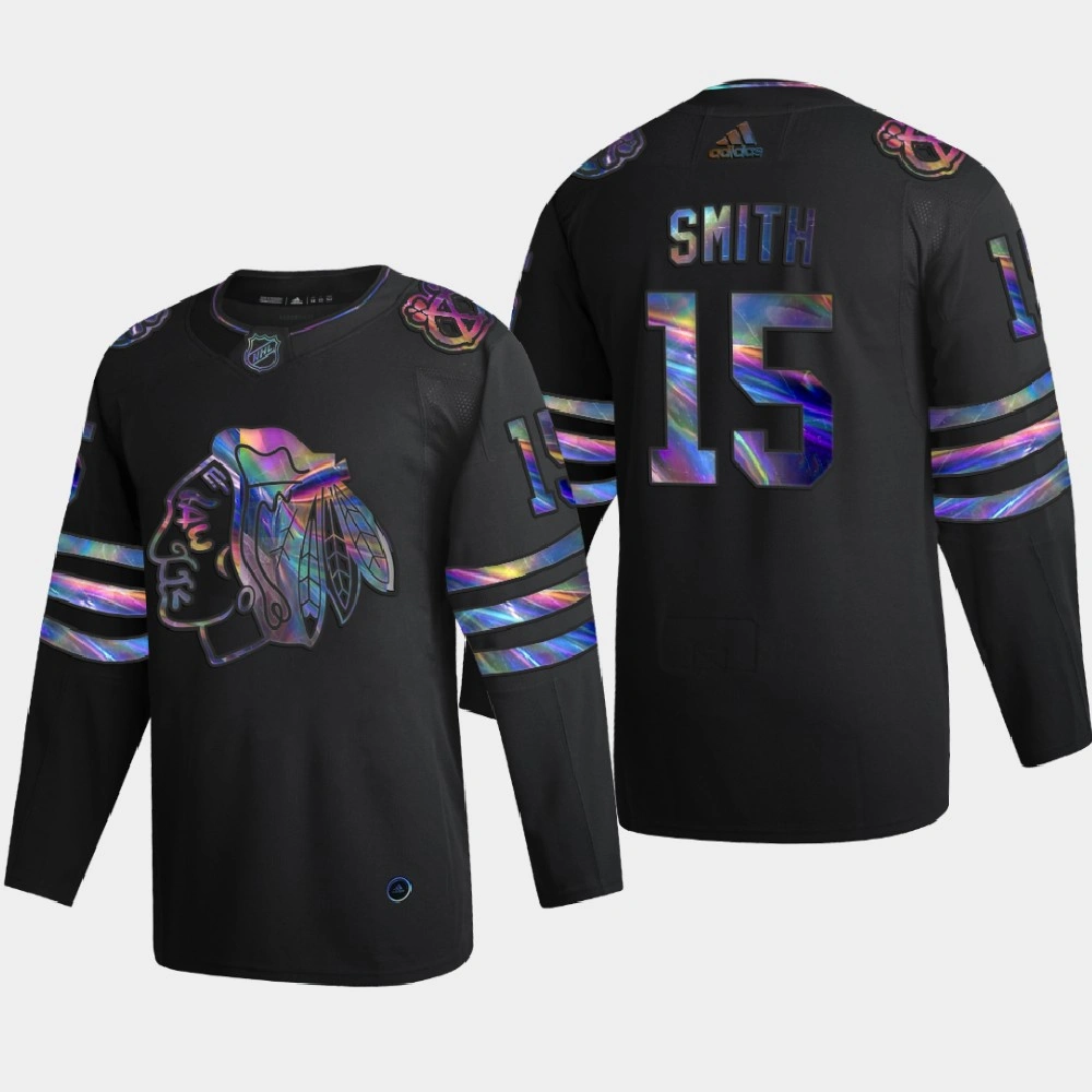 Men Chicago Blackhawks Zack Smith #15 Iridescent Holographic Collection Authentic Black Jersey Men Chicago Blackhawks Zack Smith #15 Iridescent Holographic Collection Authentic Black Jersey